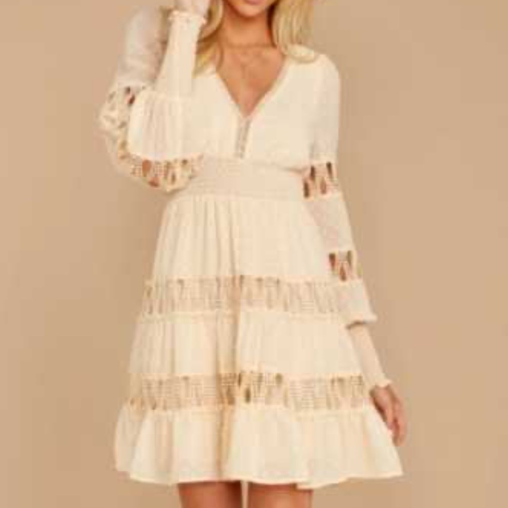 ANTHROPOLOGIE Long Sleeve Unconventional Lace Dress M Champagne& Strawberry